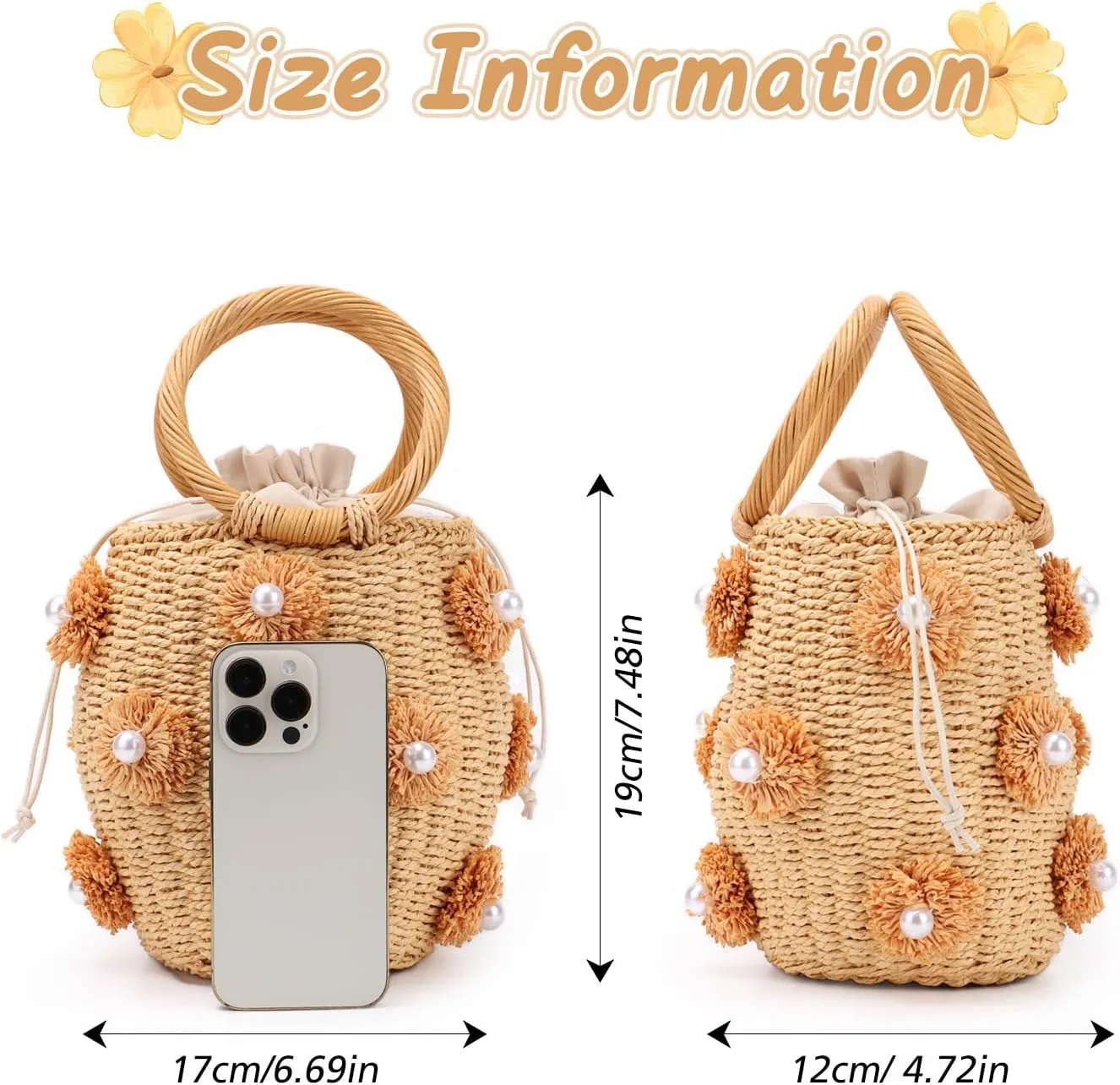 Fecialy Flower Pearls Rattan Tote Bag Straw Bags for Women Drawstring Straw Bucket Bag Summer Beach Woven Handbag
