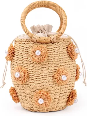 Fecialy Flower Pearls Rattan Tote Bag Straw Bags for Women Drawstring Straw Bucket Bag Summer Beach Woven Handbag