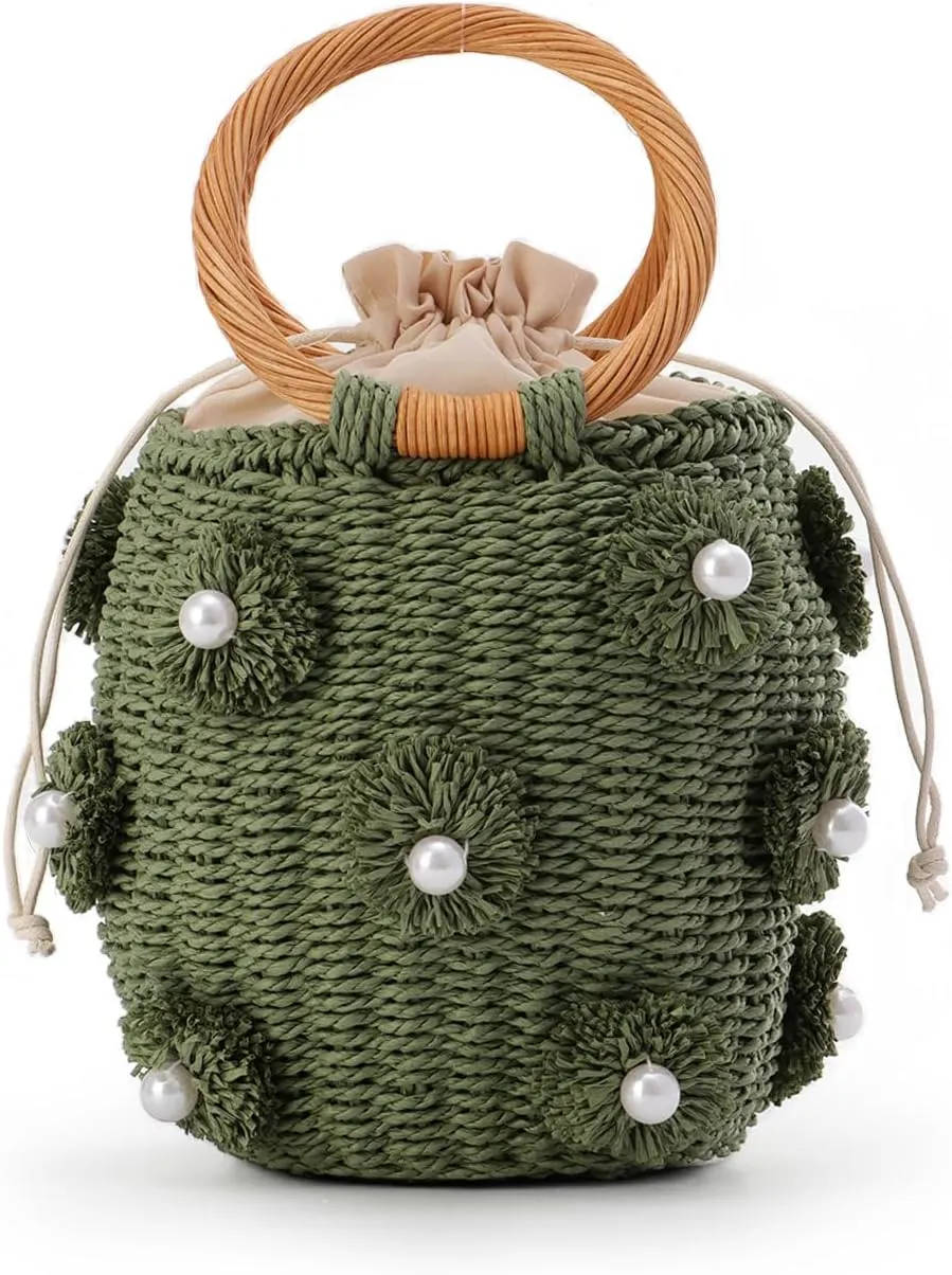 Fecialy Flower Pearls Rattan Tote Bag Straw Bags for Women Drawstring Straw Bucket Bag Summer Beach Woven Handbag