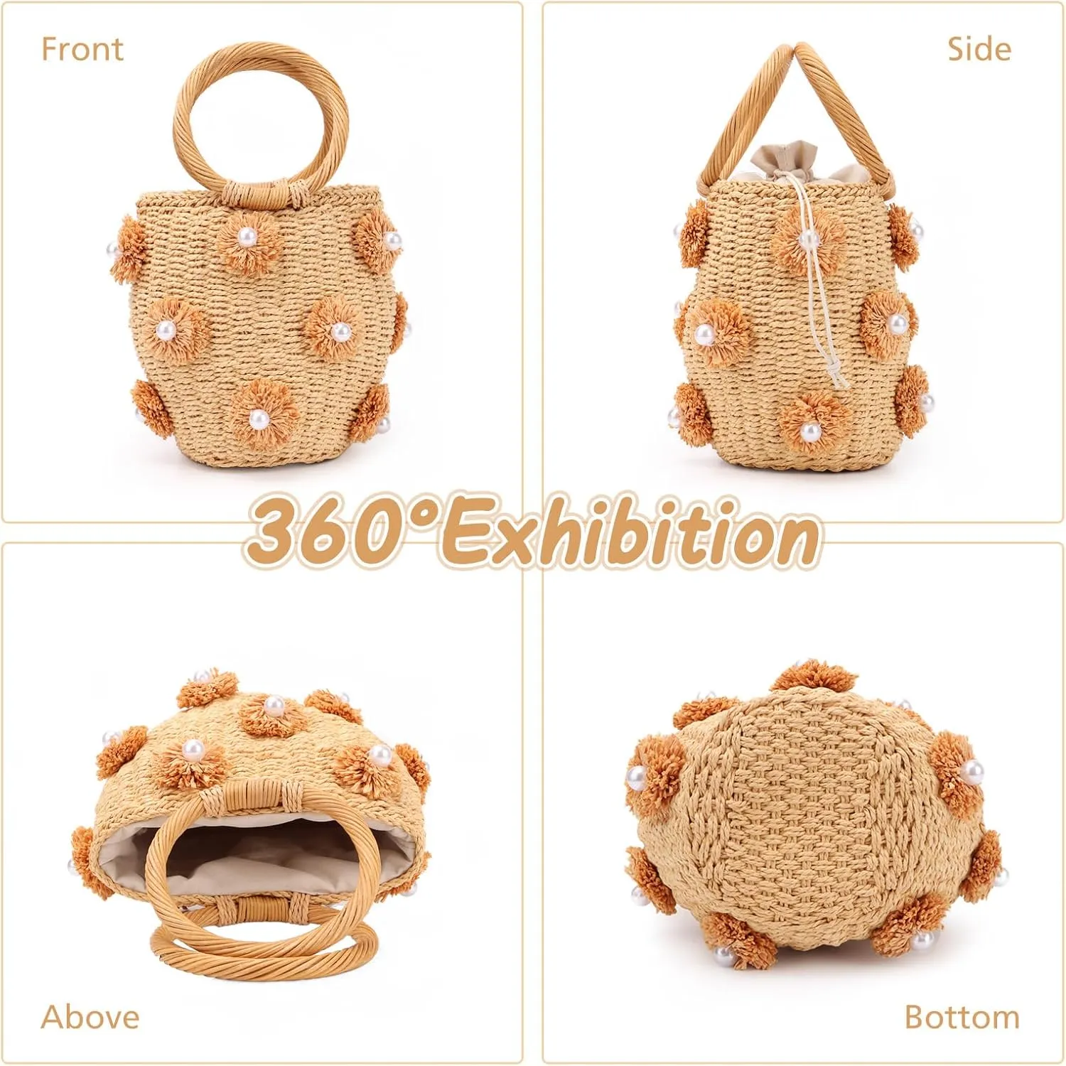 Fecialy Flower Pearls Rattan Tote Bag Straw Bags for Women Drawstring Straw Bucket Bag Summer Beach Woven Handbag
