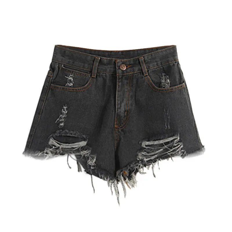 Female Blue High Waist Denim Shorts Women Worn Loose Hole Shorts