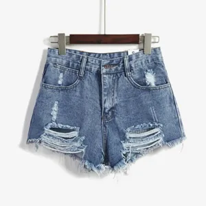 Female Blue High Waist Denim Shorts Women Worn Loose Hole Shorts