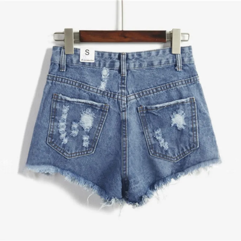 Female Blue High Waist Denim Shorts Women Worn Loose Hole Shorts