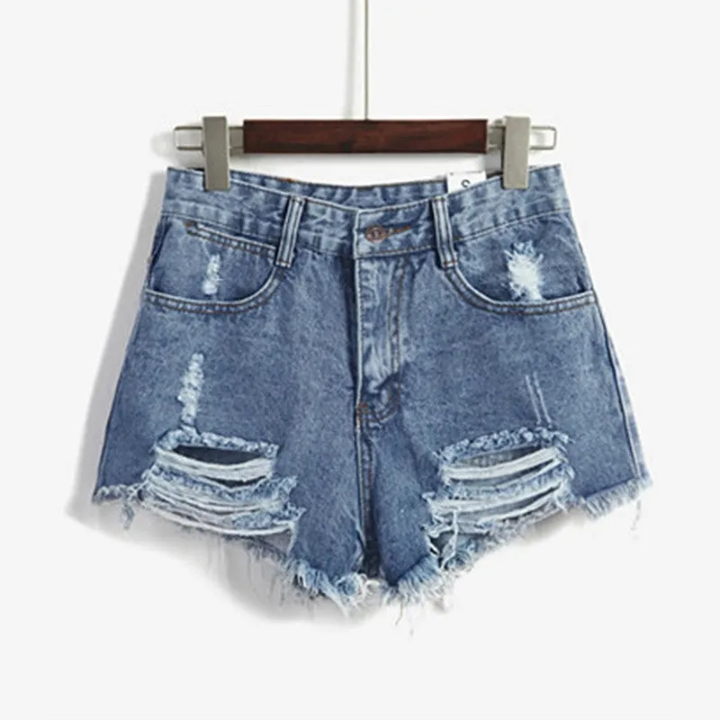Female Blue High Waist Denim Shorts Women Worn Loose Hole Shorts