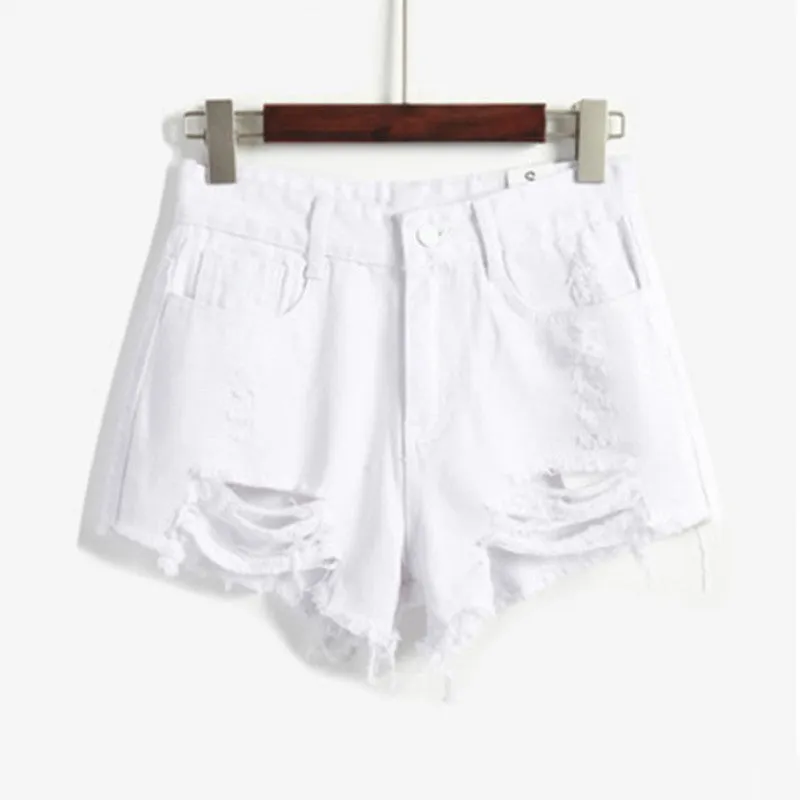 Female Blue High Waist Denim Shorts Women Worn Loose Hole Shorts
