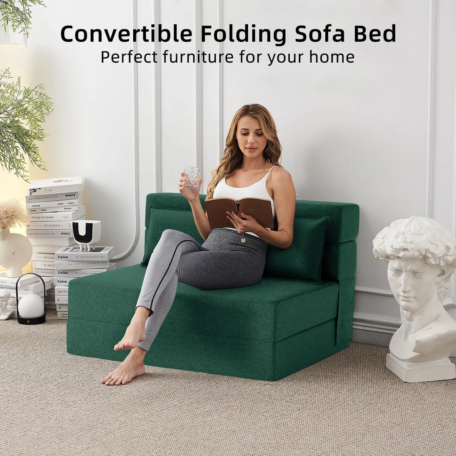 FILUXE Convertible Folding Sofa Bed-Sleeper Chair with Pillow, Modern Linen Fabric Floor & Futon Couch, Foldable Mattress for Living Room/Dorm/Guest Use/Home Office/Apartment, Standard Size,Dark Green