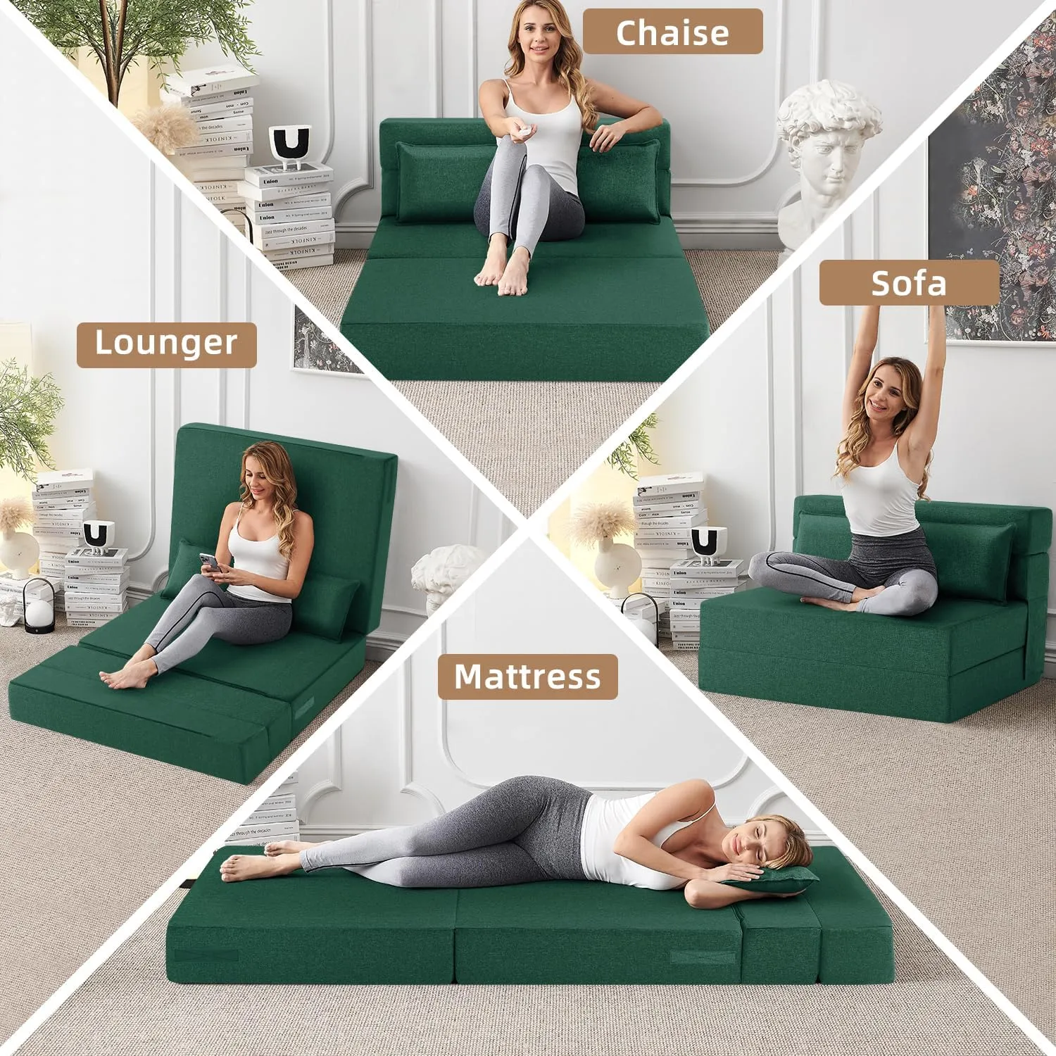 FILUXE Convertible Folding Sofa Bed-Sleeper Chair with Pillow, Modern Linen Fabric Floor & Futon Couch, Foldable Mattress for Living Room/Dorm/Guest Use/Home Office/Apartment, Standard Size,Dark Green