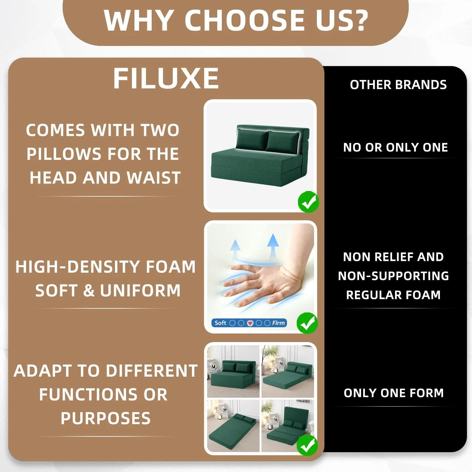 FILUXE Convertible Folding Sofa Bed-Sleeper Chair with Pillow, Modern Linen Fabric Floor & Futon Couch, Foldable Mattress for Living Room/Dorm/Guest Use/Home Office/Apartment, Standard Size,Dark Green