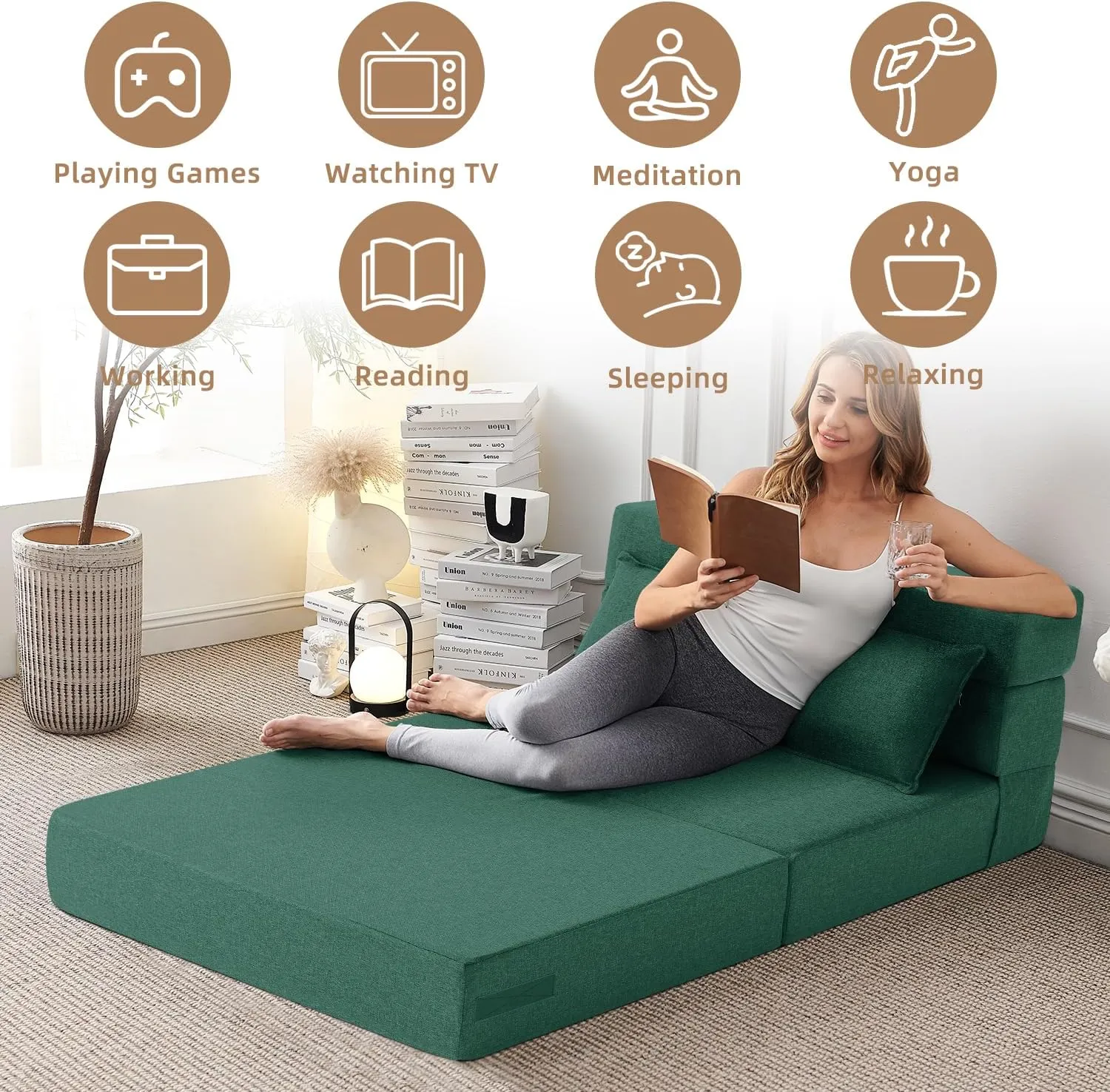 FILUXE Convertible Folding Sofa Bed-Sleeper Chair with Pillow, Modern Linen Fabric Floor & Futon Couch, Foldable Mattress for Living Room/Dorm/Guest Use/Home Office/Apartment, Standard Size,Dark Green
