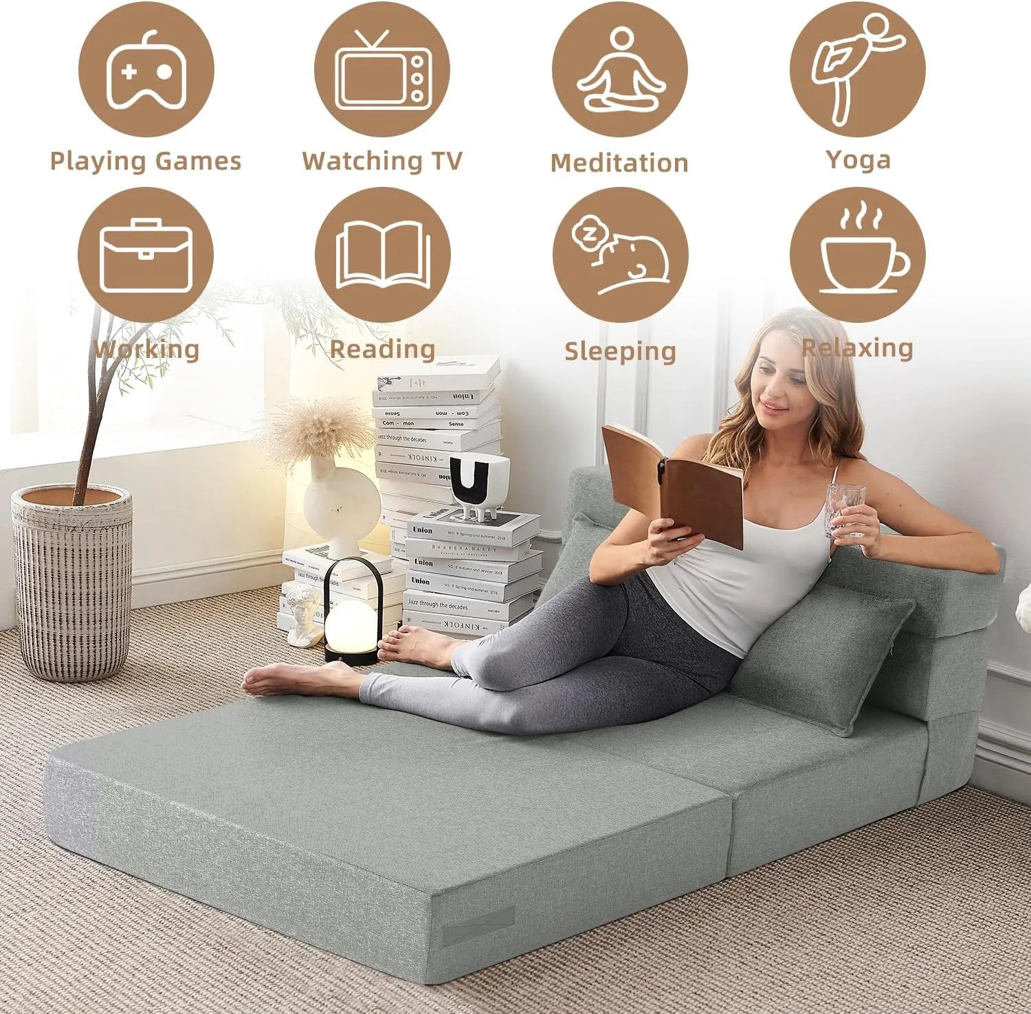 FILUXE Convertible Folding Sofa Bed - Sleeper Chair with Pillow, Modern Linen Fabric Floor & Futon Couch, Foldable Mattress for Living Room/Dorm/Guest/Home Office/Apartment, Standard Size, Light Gray