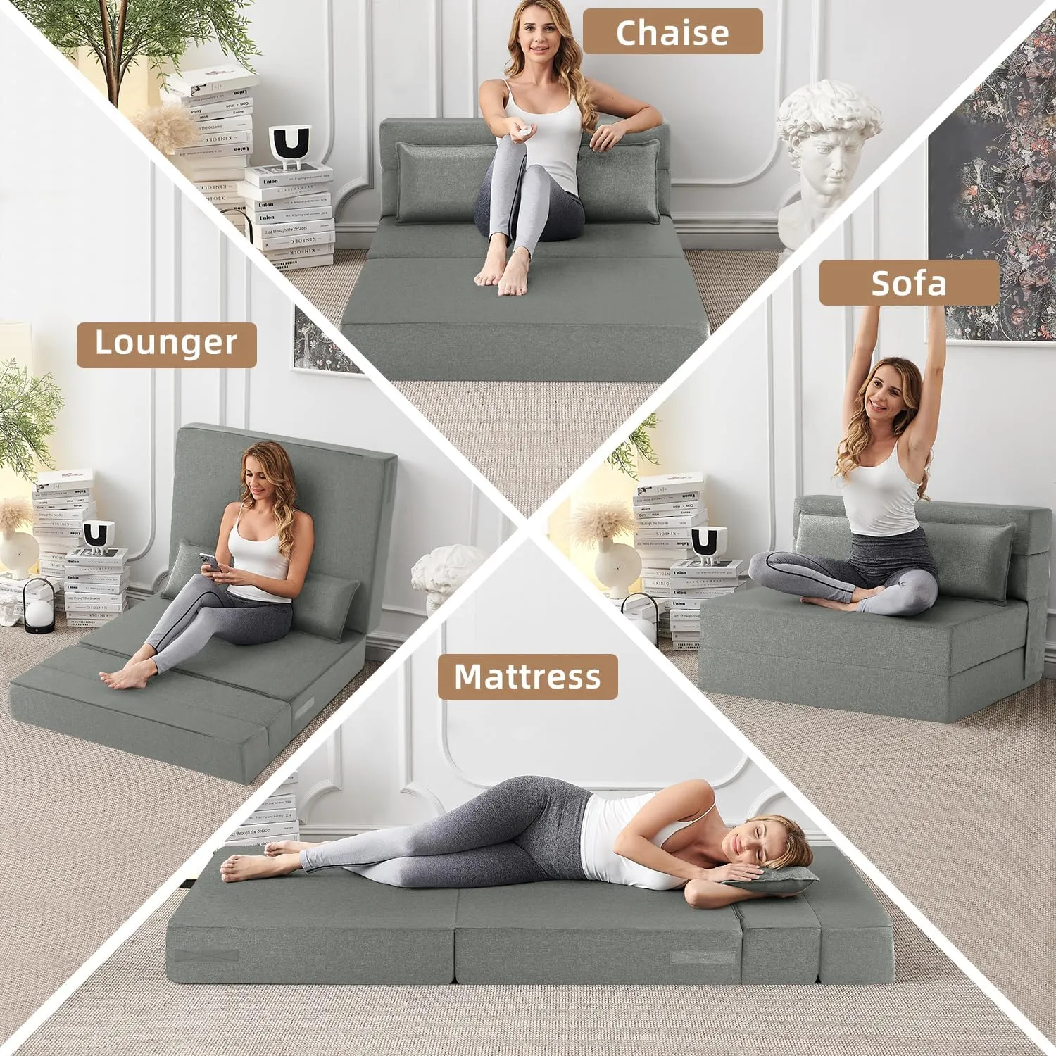 FILUXE Convertible Folding Sofa Bed - Sleeper Chair with Pillow, Modern Linen Fabric Floor & Futon Couch, Foldable Mattress for Living Room/Dorm/Guest/Home Office/Apartment, Standard Size, Light Gray