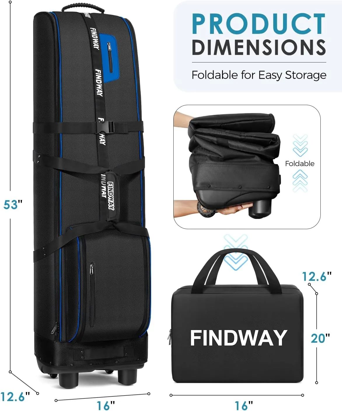 findway Golf Travel Bag with Wheels, 1680D Heavy Duty Oxford Wear-Resistant, Soft Foldable Golf Club Travel Bags for Airlines Universal Size with Removable Club Protection Liner (Upgraded)