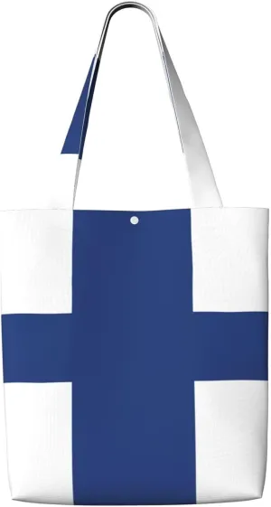 Finnish Flag Print Reusable Grocery Bags,Polyester Tote Bag,Casual Handbags,Practical Foldable Shopping Bag.