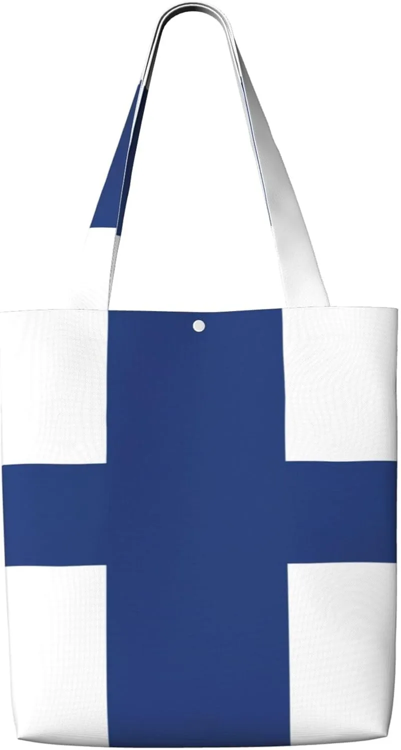 Finnish Flag Print Reusable Grocery Bags,Polyester Tote Bag,Casual Handbags,Practical Foldable Shopping Bag.