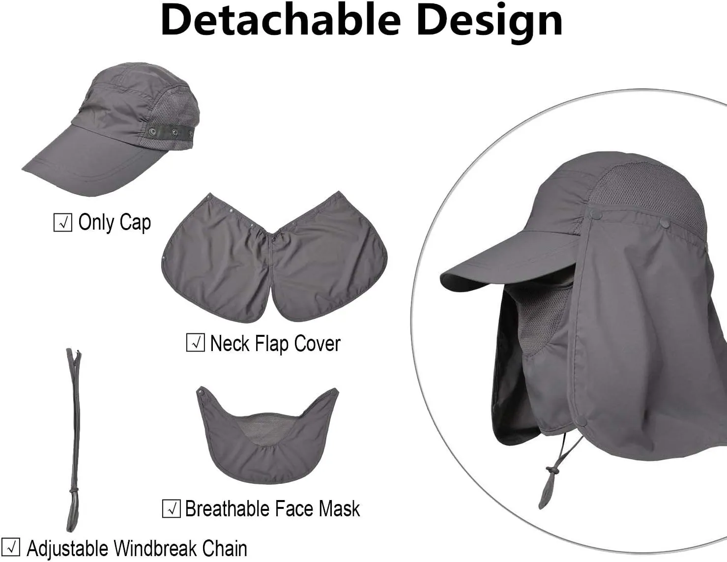Fishing Hat Men/Women Outdoor Sun Cap UV Sun Protection Hat with Removable Neck Flap & Face Cover Cycling Hiking
