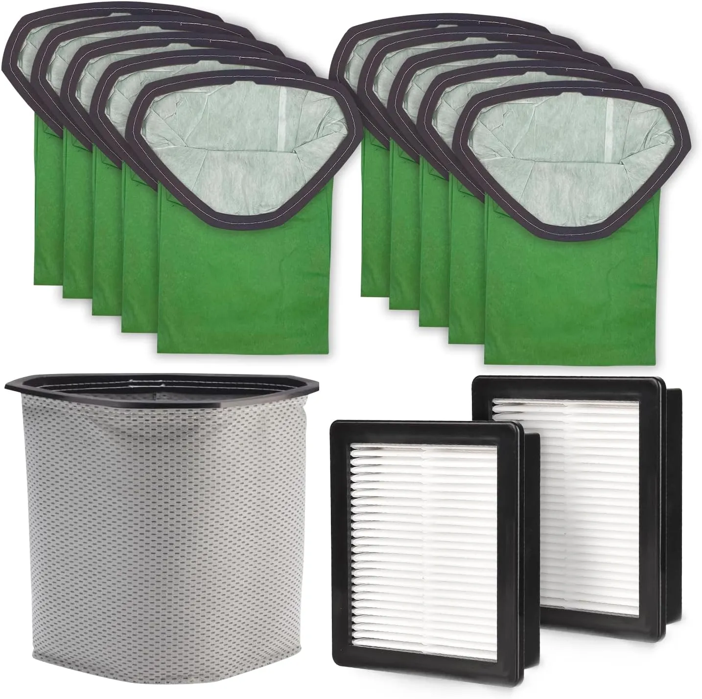 Fit on ProTeam - 10 Triangle Paper Bags (6QT), 1 Triangle Cloth Bag (6QT), 2 HEPA Replacement Filters 107315. Generic Proteam Vacuum Parts & Accessories