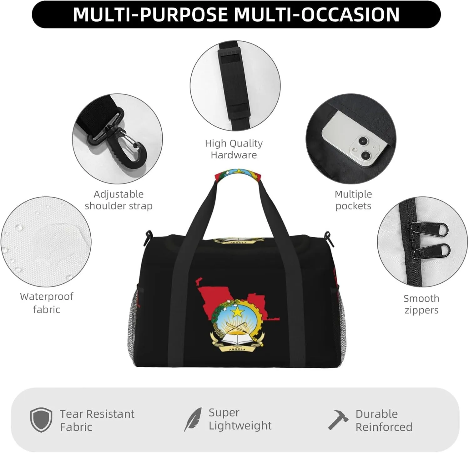 Flag Map Of Angola Travel Duffel Bag Large Foldable Waterproof Overnight Bag For Beach Swim Bags Pool Sports Gym