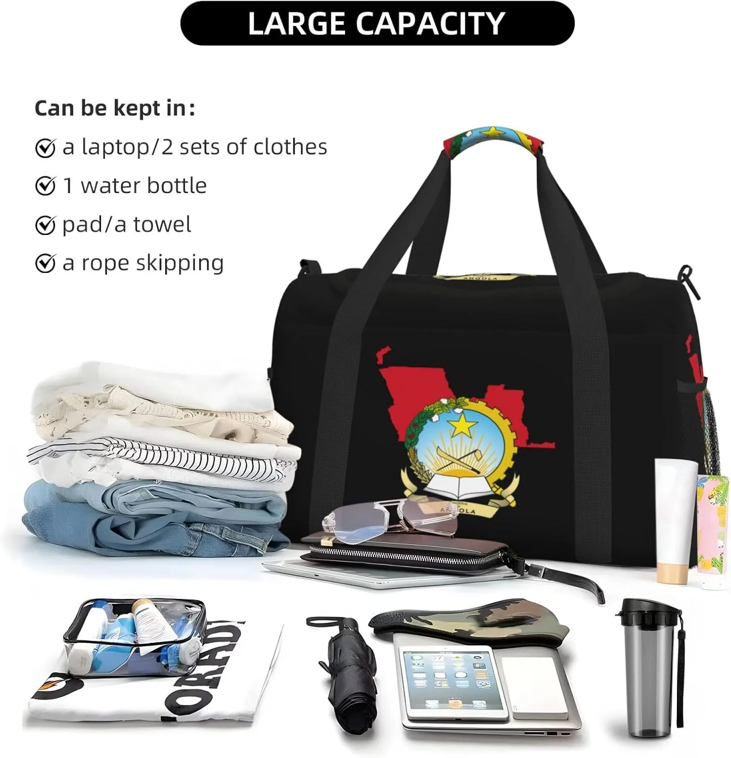 Flag Map Of Angola Travel Duffel Bag Large Foldable Waterproof Overnight Bag For Beach Swim Bags Pool Sports Gym
