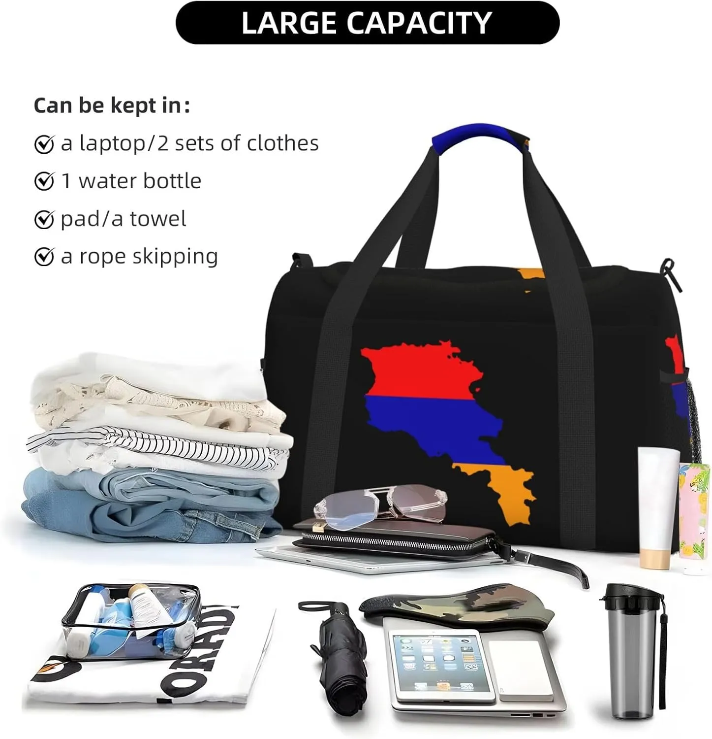 Flag Map Of Armenia Travel Duffel Bag Large Foldable Waterproof Overnight Bag For Beach Swim Bags Pool Sports Gym