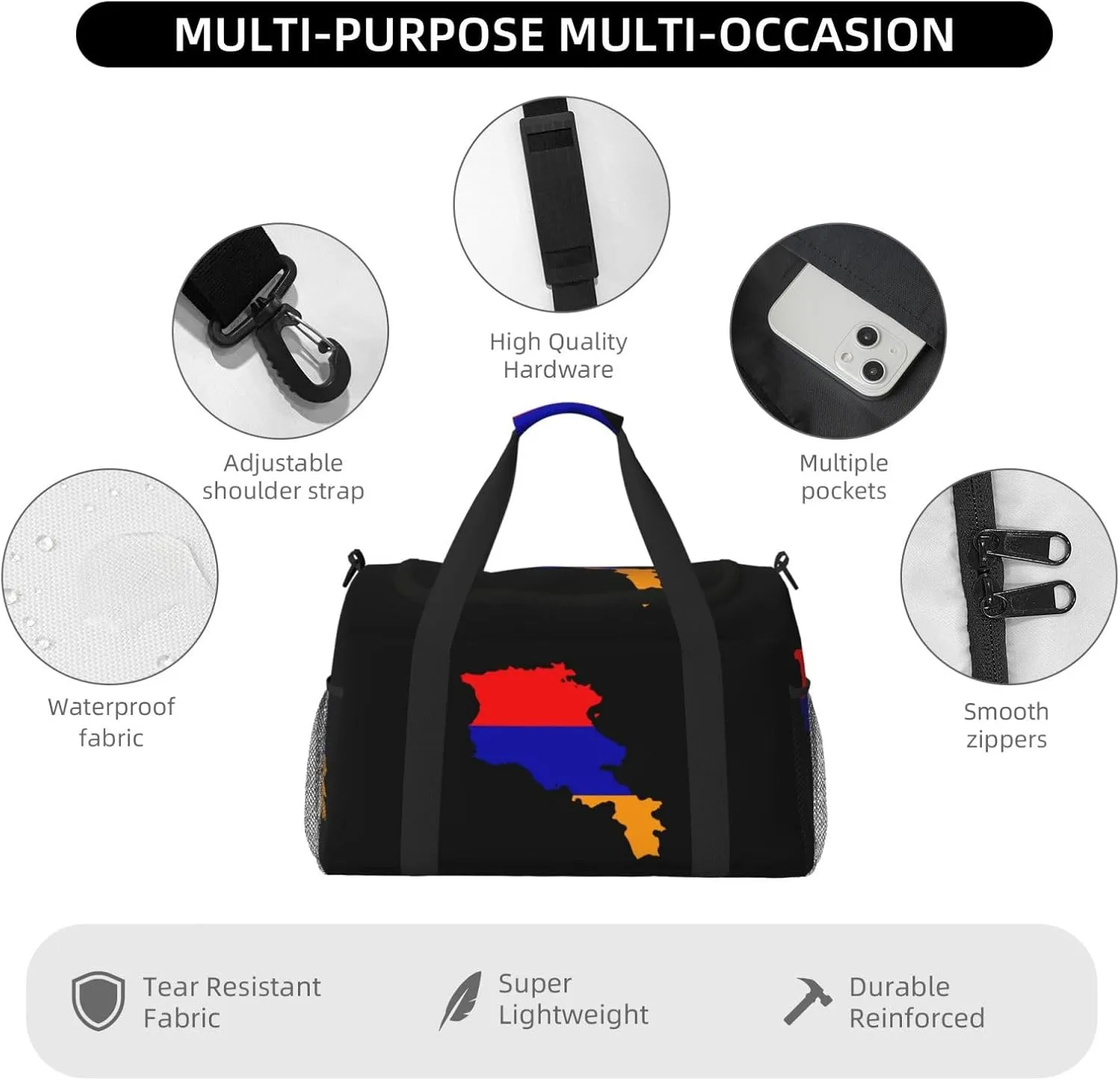Flag Map Of Armenia Travel Duffel Bag Large Foldable Waterproof Overnight Bag For Beach Swim Bags Pool Sports Gym