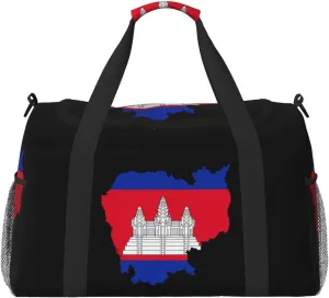 Flag Map Of Cambodia Travel Duffel Bag Large Foldable Waterproof Overnight Bag For Beach Swim Bags Pool Sports Gym