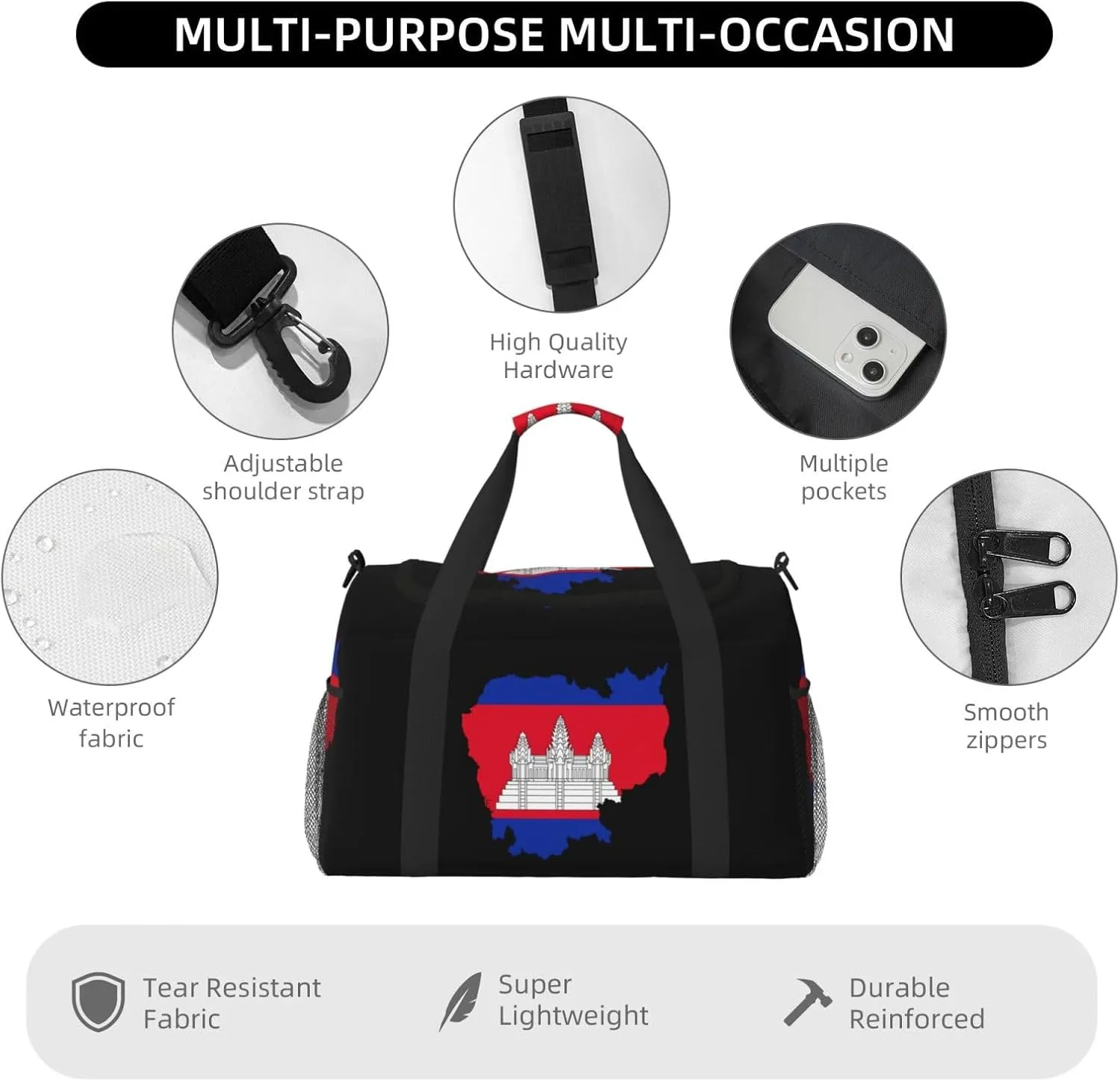 Flag Map Of Cambodia Travel Duffel Bag Large Foldable Waterproof Overnight Bag For Beach Swim Bags Pool Sports Gym