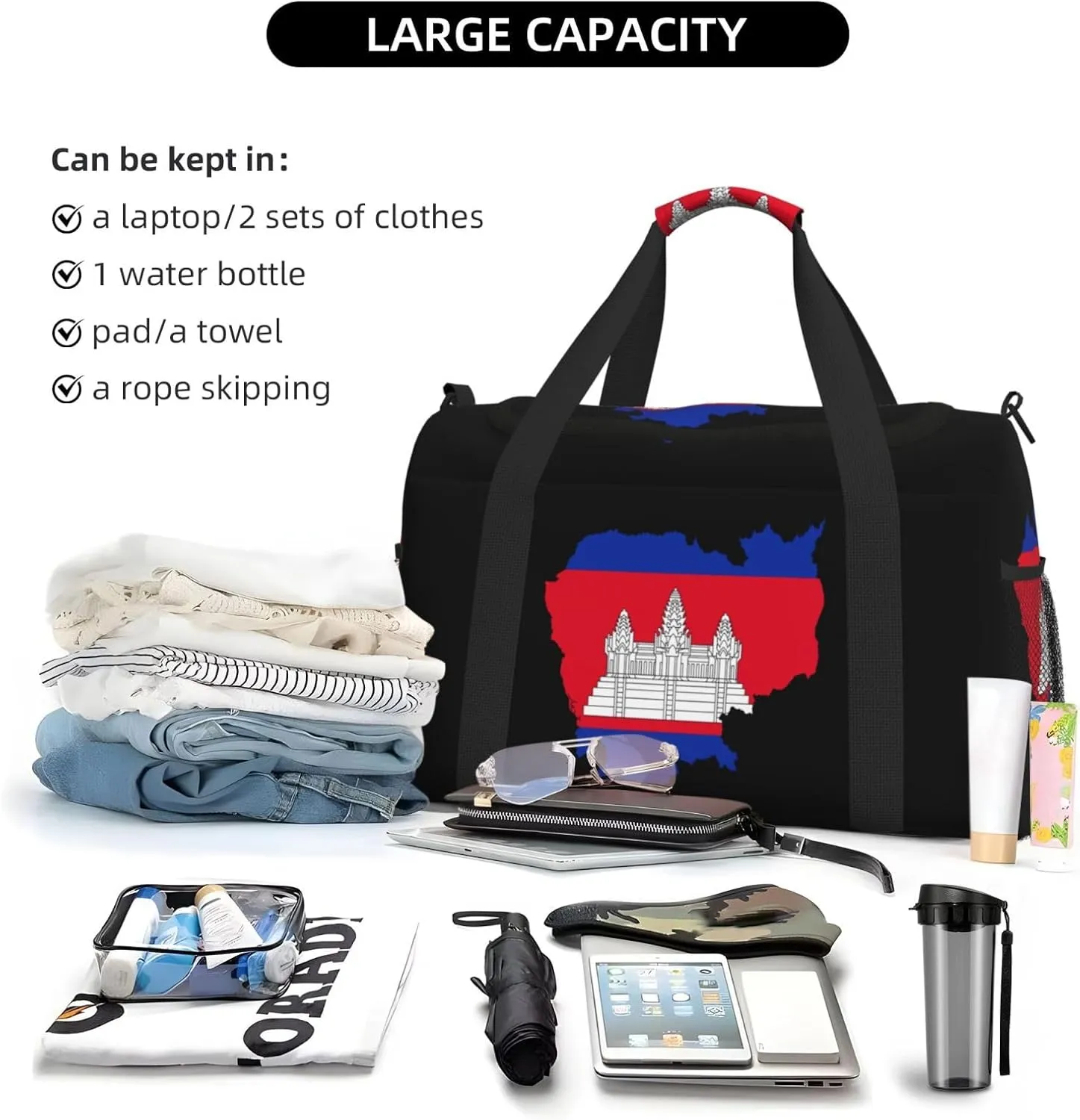 Flag Map Of Cambodia Travel Duffel Bag Large Foldable Waterproof Overnight Bag For Beach Swim Bags Pool Sports Gym