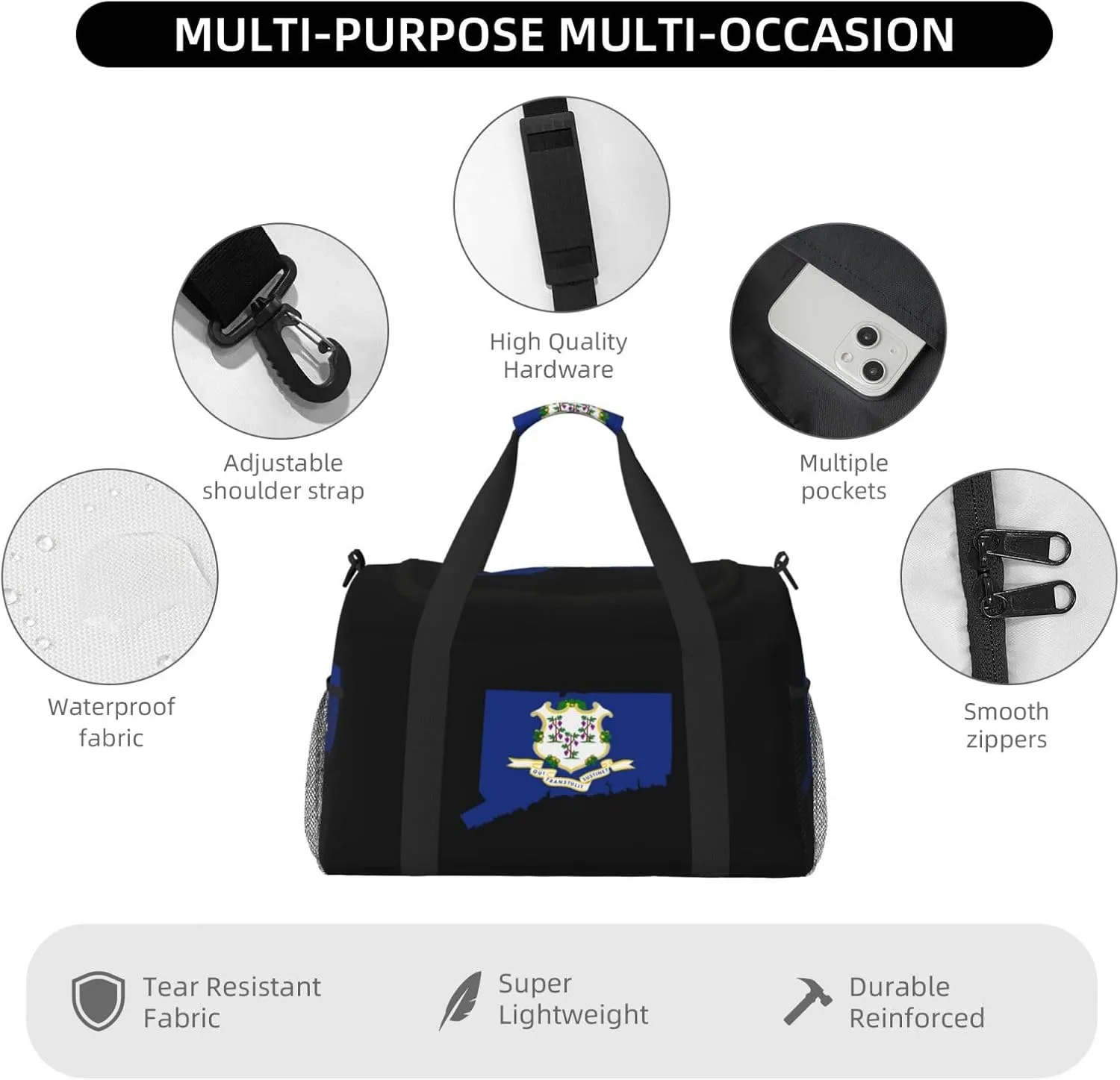 Flag Map Of Connecticut Travel Duffel Bag Large Foldable Waterproof Overnight Bag For Beach Swim Bags Pool Sports Gym