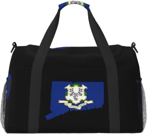 Flag Map Of Connecticut Travel Duffel Bag Large Foldable Waterproof Overnight Bag For Beach Swim Bags Pool Sports Gym