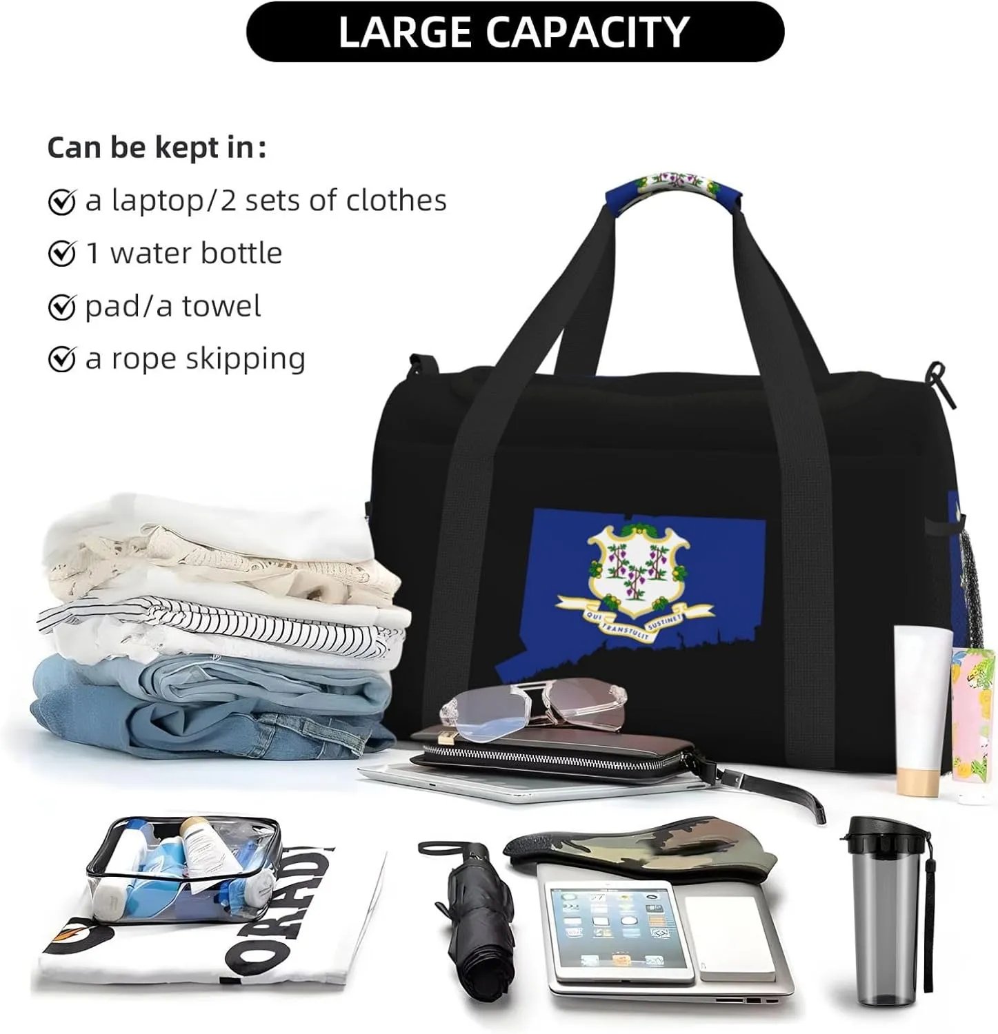 Flag Map Of Connecticut Travel Duffel Bag Large Foldable Waterproof Overnight Bag For Beach Swim Bags Pool Sports Gym