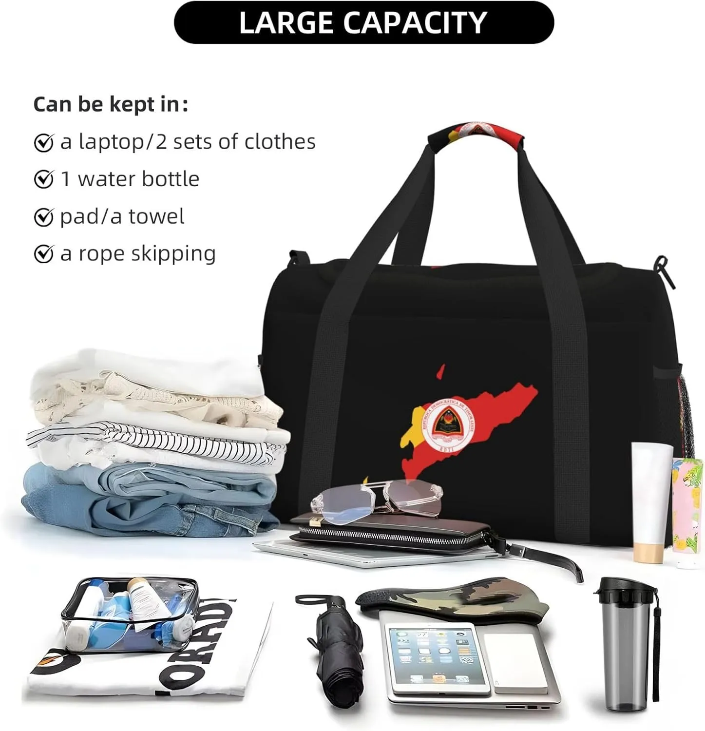 Flag Map Of East Timor Travel Duffel Bag Large Foldable Waterproof Overnight Bag For Beach Swim Bags Pool Sports Gym