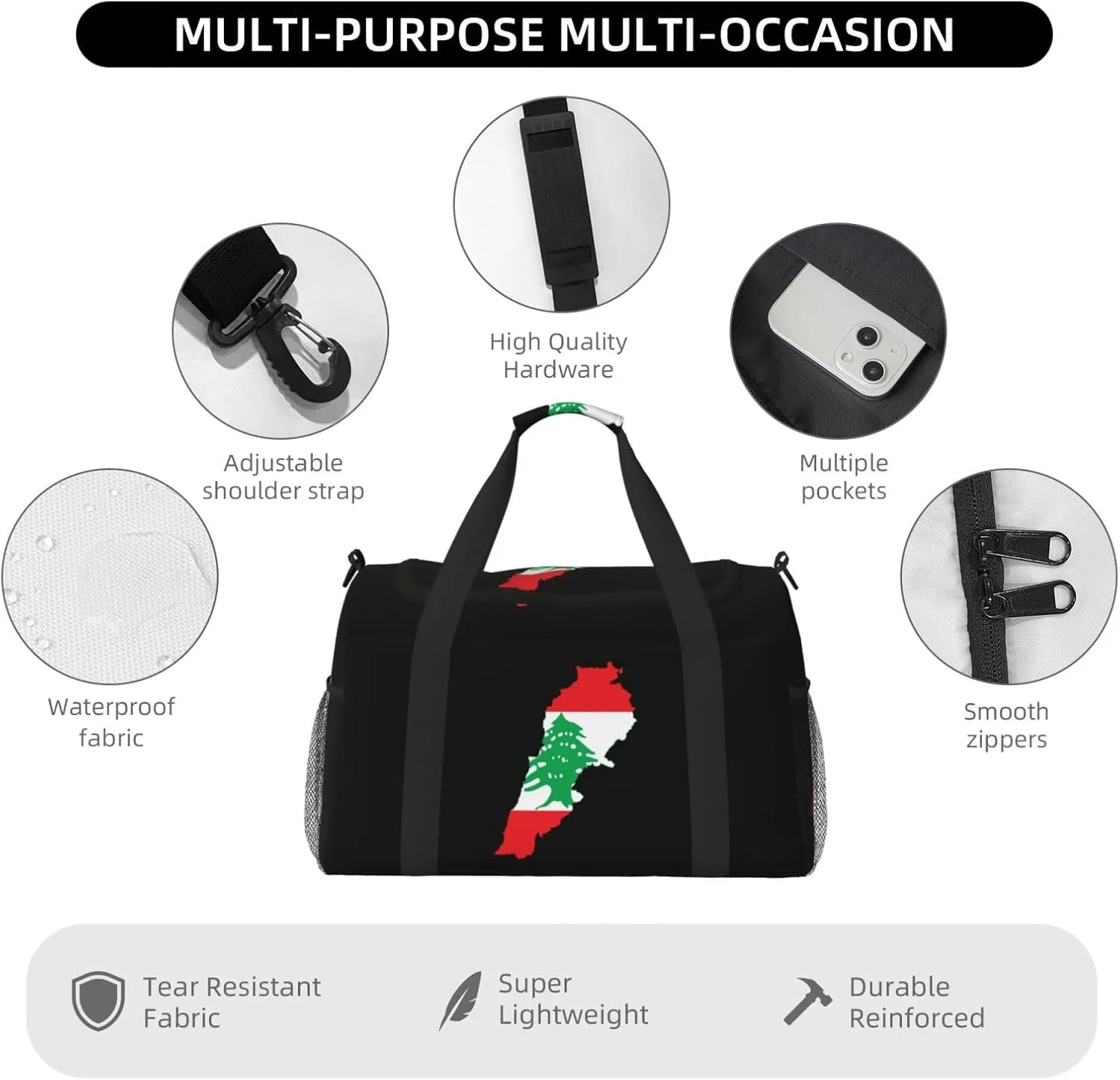 Flag Map Of Lebanon Travel Duffel Bag Large Foldable Waterproof Overnight Bag For Beach Swim Bags Pool Sports Gym
