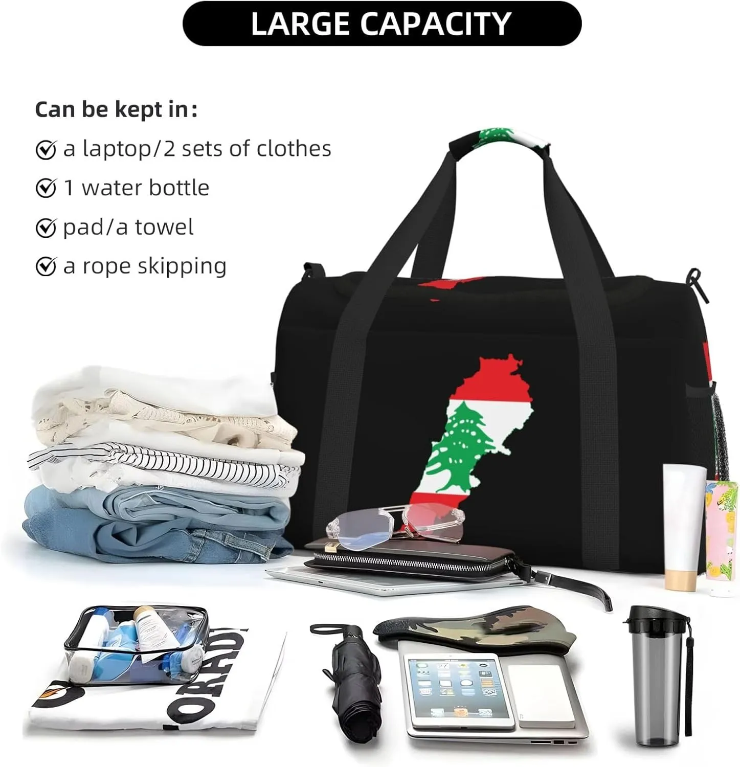 Flag Map Of Lebanon Travel Duffel Bag Large Foldable Waterproof Overnight Bag For Beach Swim Bags Pool Sports Gym