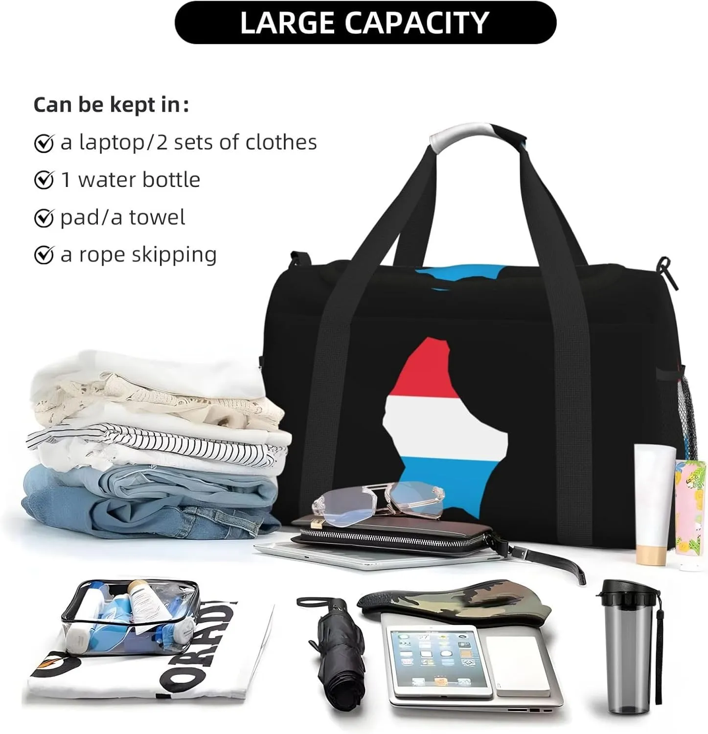Flag Map Of Luxembourg Travel Duffel Bag Large Foldable Waterproof Overnight Bag For Beach Swim Bags Pool Sports Gym