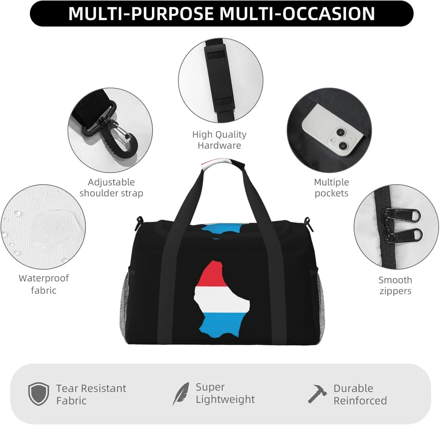 Flag Map Of Luxembourg Travel Duffel Bag Large Foldable Waterproof Overnight Bag For Beach Swim Bags Pool Sports Gym