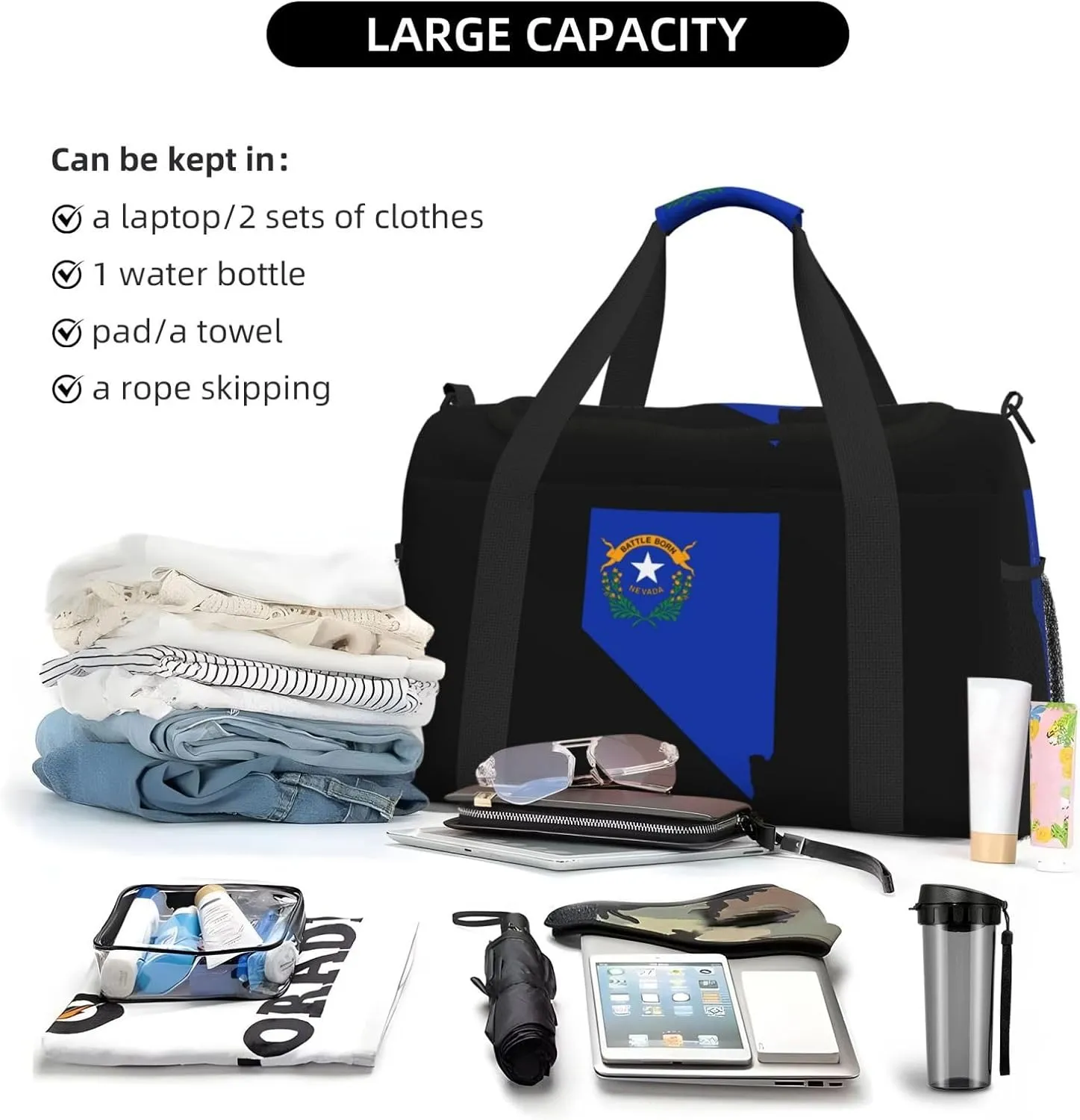 Flag Map Of Nevada Travel Duffel Bag Large Foldable Waterproof Overnight Bag For Beach Swim Bags Pool Sports Gym