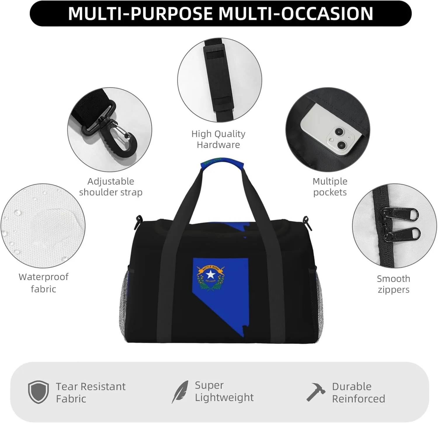 Flag Map Of Nevada Travel Duffel Bag Large Foldable Waterproof Overnight Bag For Beach Swim Bags Pool Sports Gym