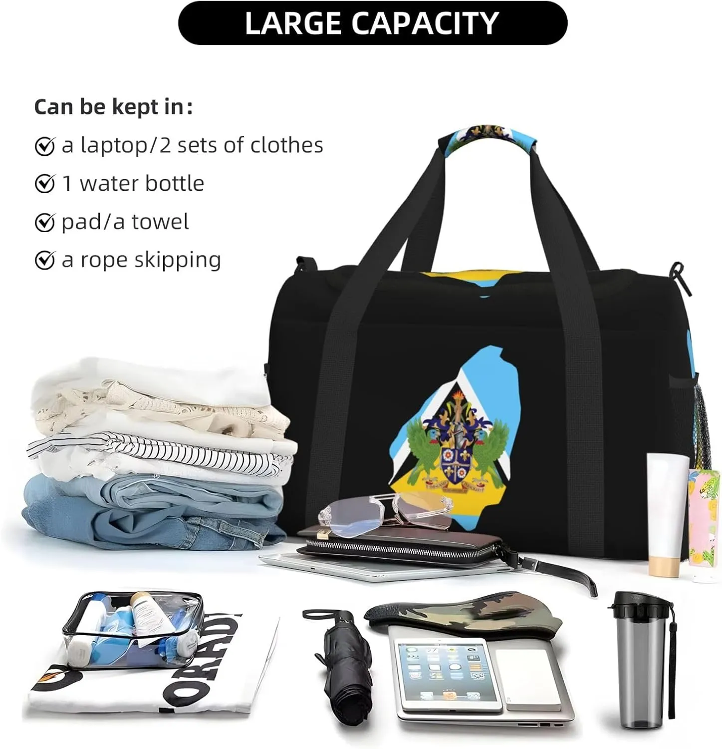 Flag Map Of Saint Lucia Travel Duffel Bag Large Foldable Waterproof Overnight Bag For Beach Swim Bags Pool Sports Gym