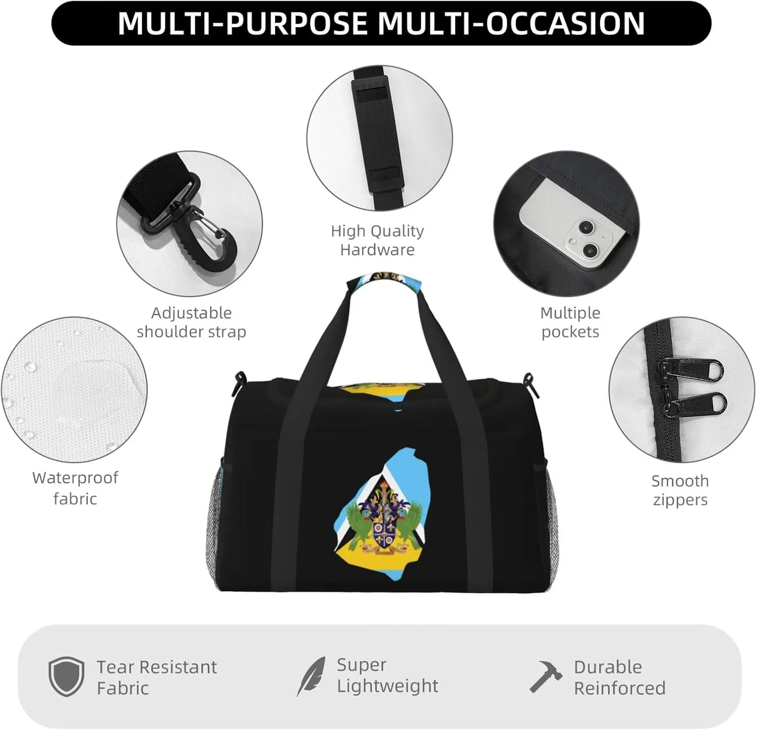 Flag Map Of Saint Lucia Travel Duffel Bag Large Foldable Waterproof Overnight Bag For Beach Swim Bags Pool Sports Gym
