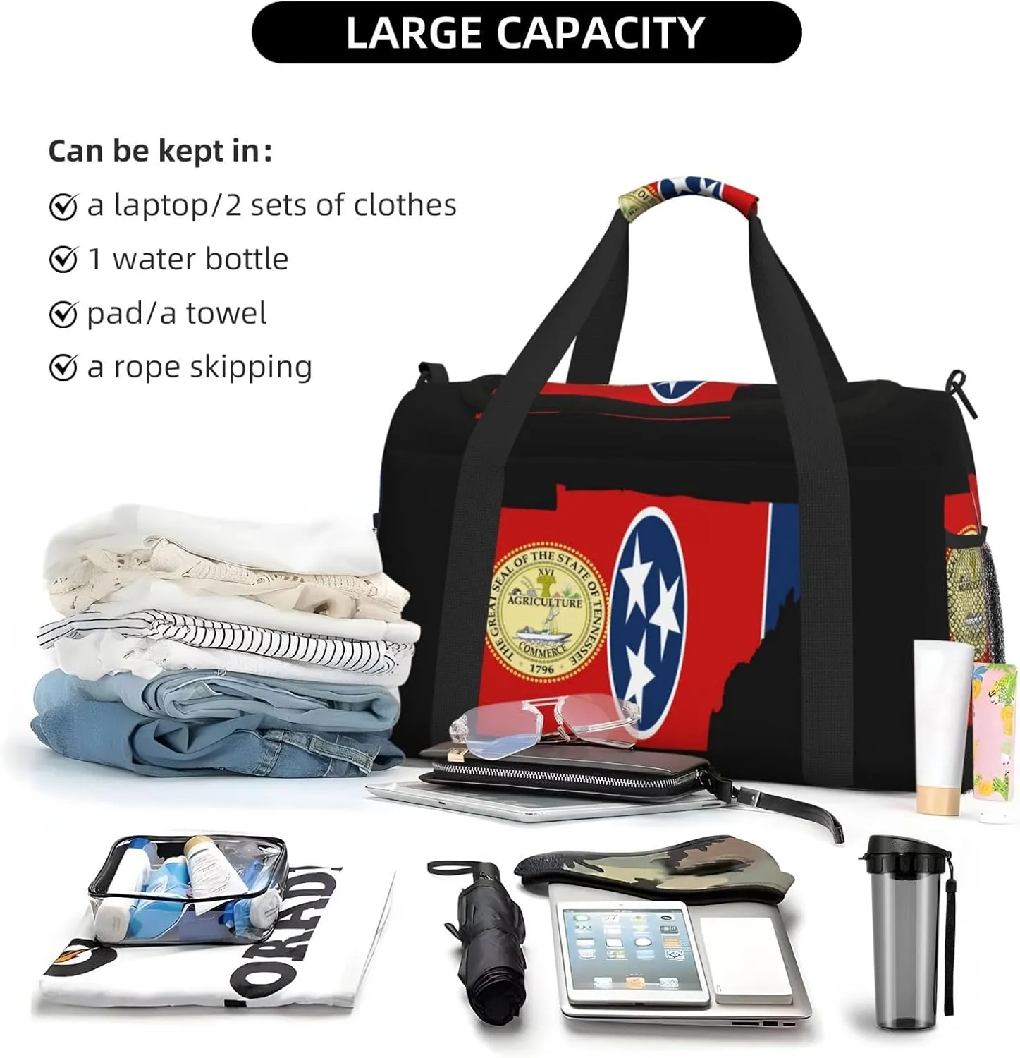 Flag Map Of Tennessee Travel Duffel Bag Large Foldable Waterproof Overnight Bag For Beach Swim Bags Pool Sports Gym