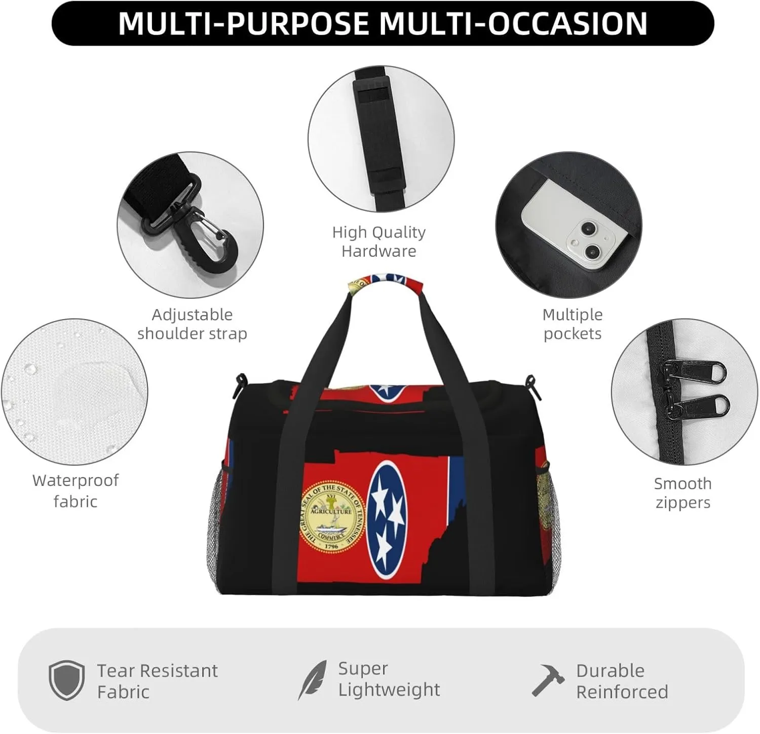 Flag Map Of Tennessee Travel Duffel Bag Large Foldable Waterproof Overnight Bag For Beach Swim Bags Pool Sports Gym