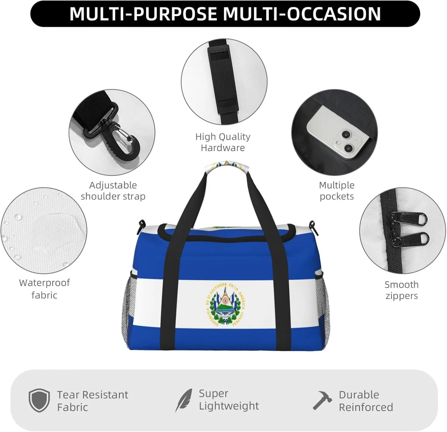 Flag Of El Salvador Travel Duffel Bag Large Foldable Waterproof Overnight Bag For Beach Swim Bags Pool Sports Gym
