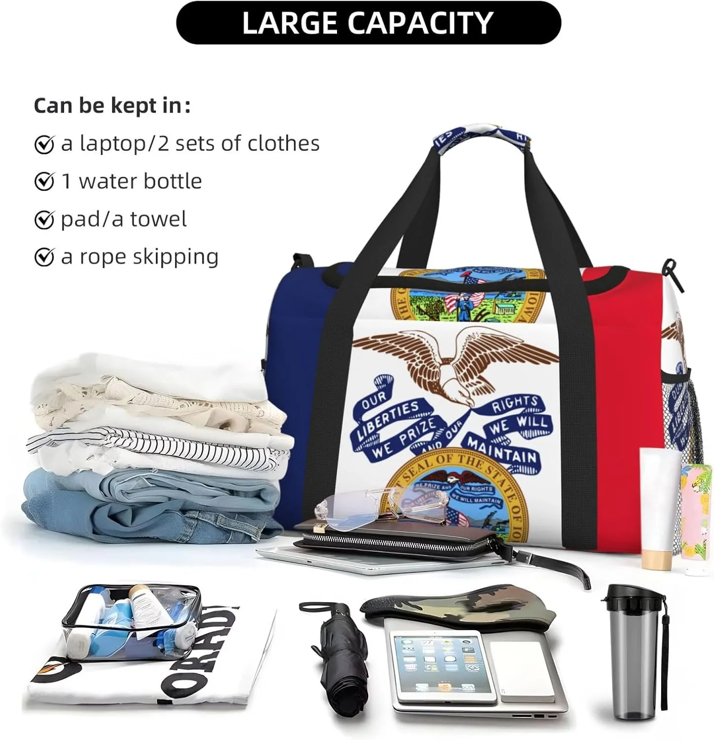 Flag Of Iowa Travel Duffel Bag Large Foldable Waterproof Overnight Bag For Beach Swim Bags Pool Sports Gym