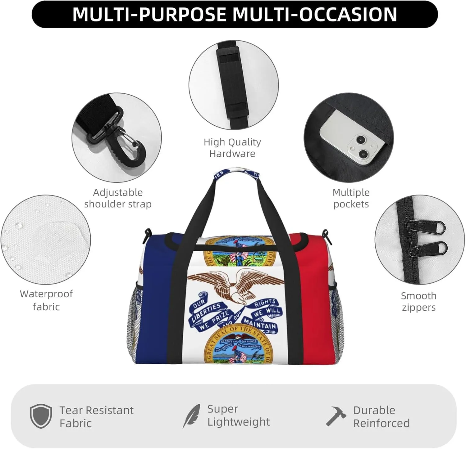 Flag Of Iowa Travel Duffel Bag Large Foldable Waterproof Overnight Bag For Beach Swim Bags Pool Sports Gym