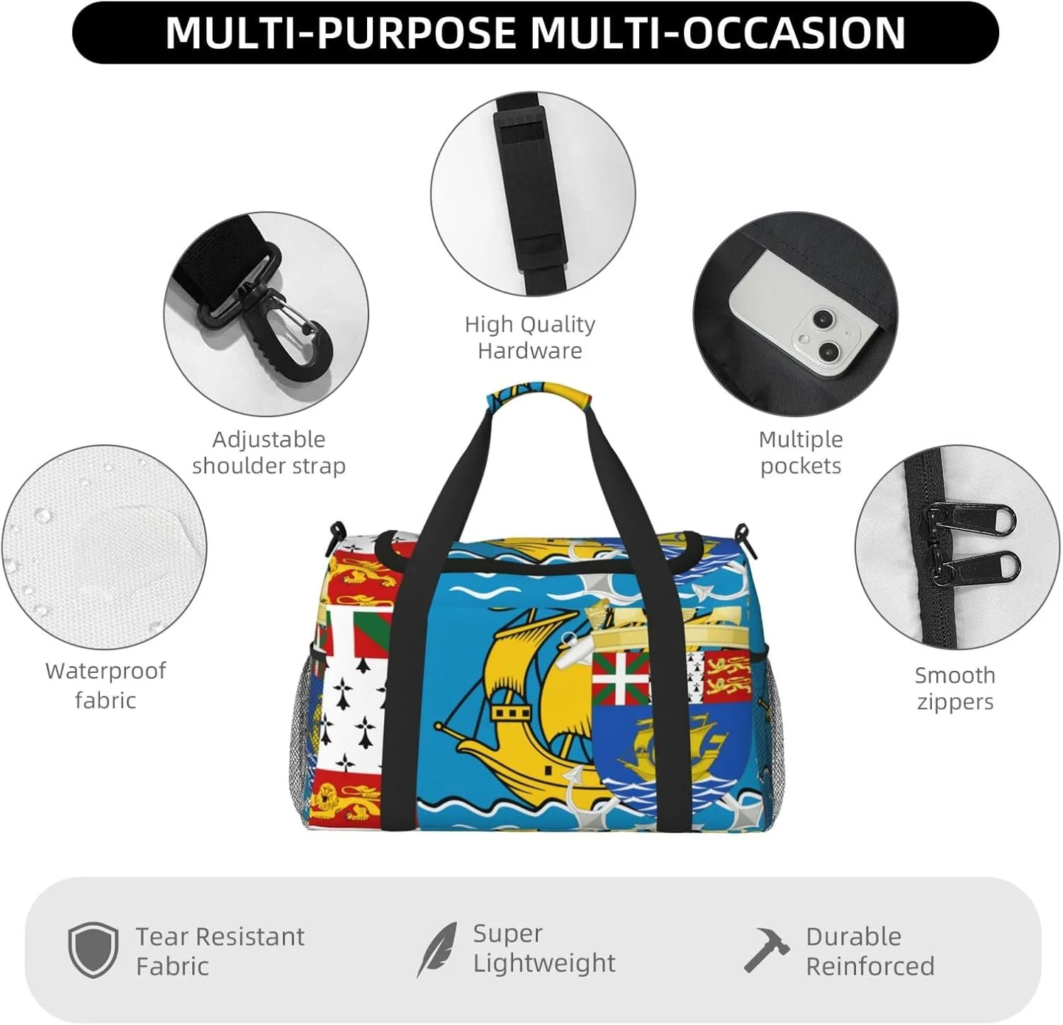 Flag Of Saint Pierre Miquelon Travel Duffel Bag Large Foldable Waterproof Overnight Bag For Beach Swim Bags Pool Sports Gym