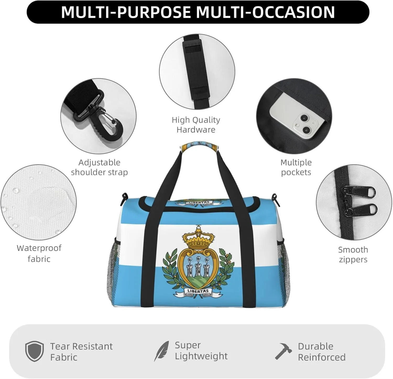 Flag Of San Marino Travel Duffel Bag Large Foldable Waterproof Overnight Bag For Beach Swim Bags Pool Sports Gym