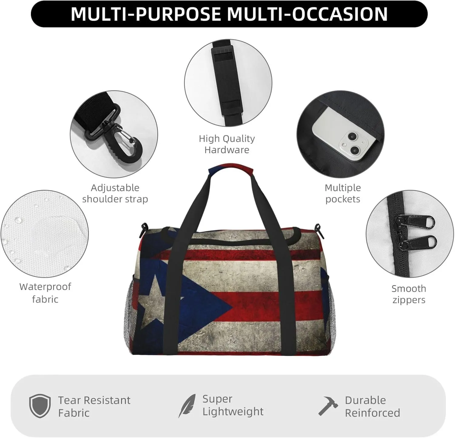 Flag Puerto Rico Travel Duffel Bag Large Foldable Waterproof Overnight Bag For Beach Swim Bags Pool Sports Gym