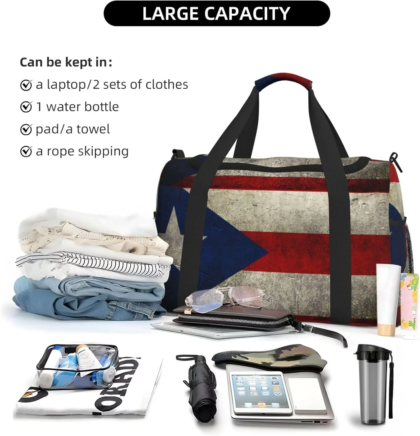 Flag Puerto Rico Travel Duffel Bag Large Foldable Waterproof Overnight Bag For Beach Swim Bags Pool Sports Gym