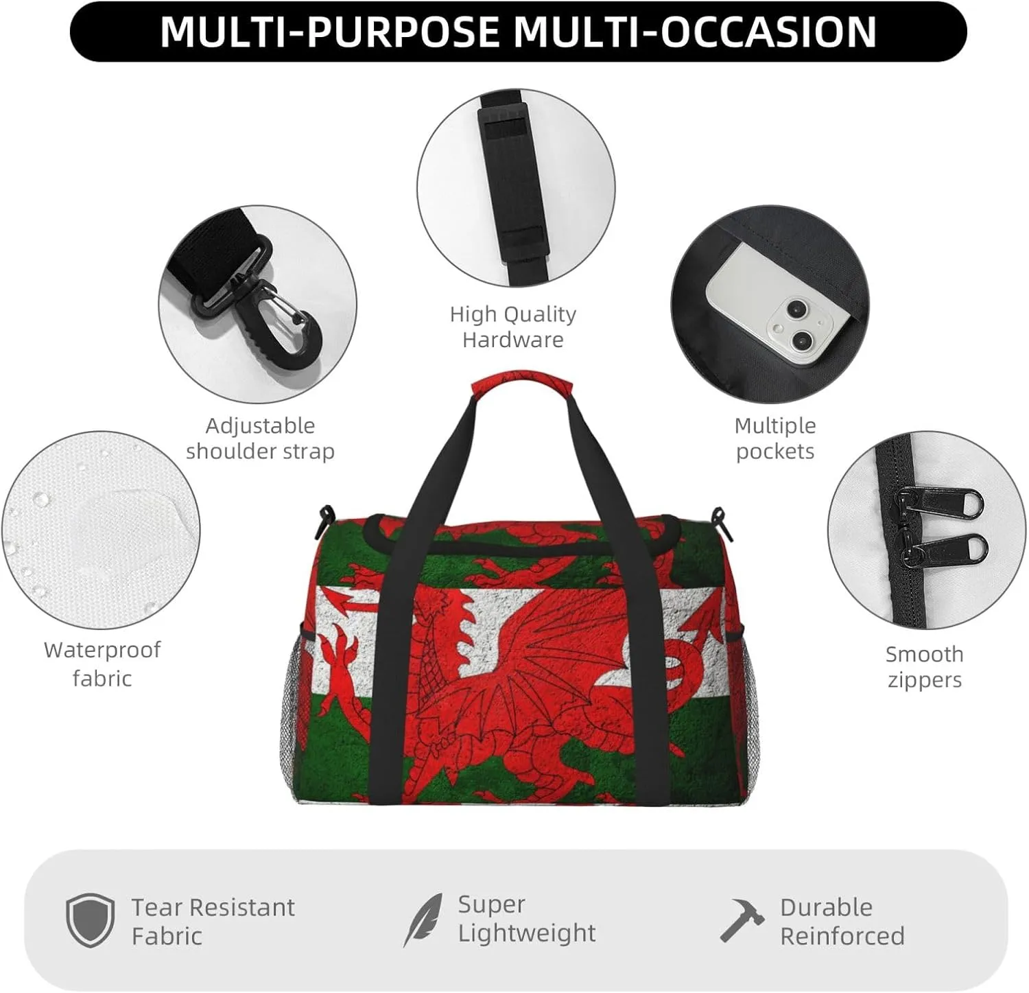 Flag Wales Stone Background Travel Duffel Bag Large Foldable Waterproof Overnight Bag For Beach Swim Bags Pool Sports Gym