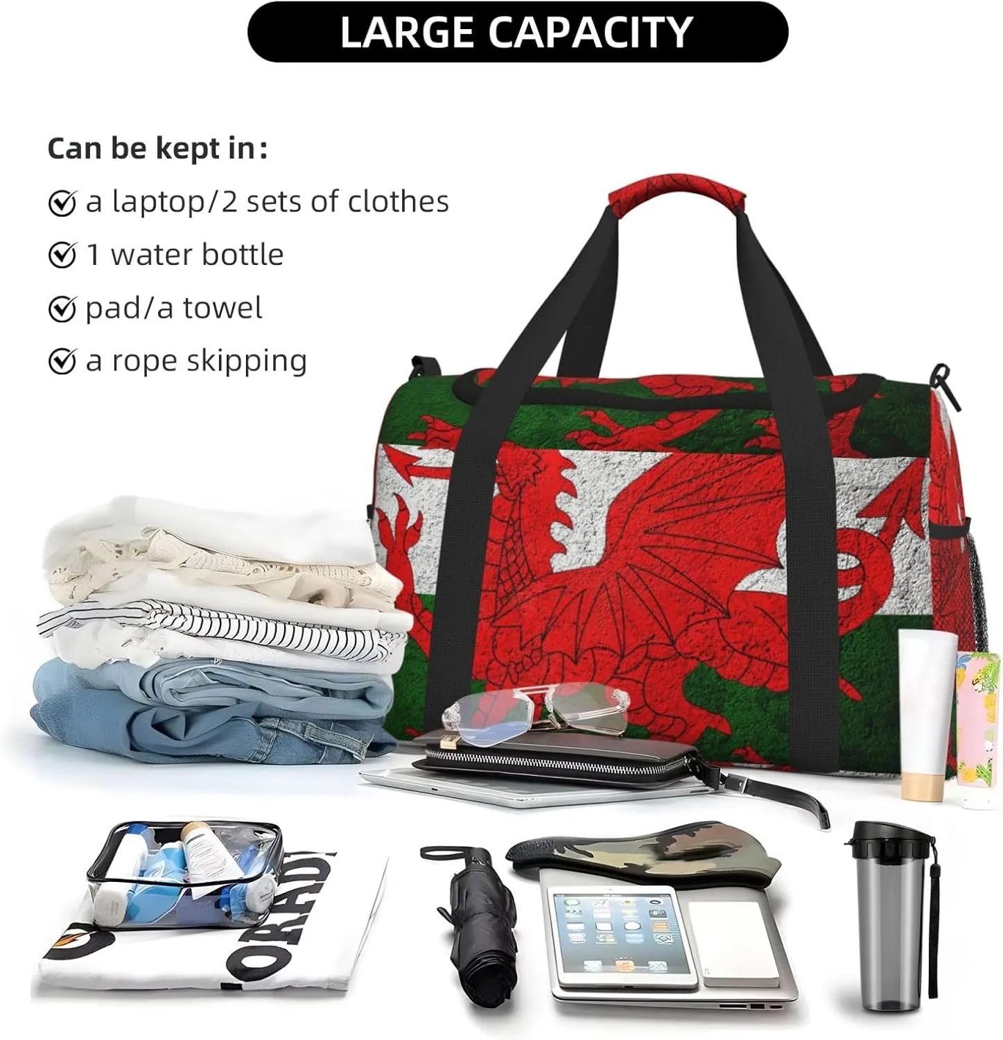 Flag Wales Stone Background Travel Duffel Bag Large Foldable Waterproof Overnight Bag For Beach Swim Bags Pool Sports Gym